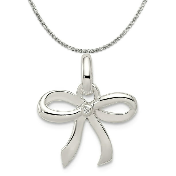 Sterling Silver Polished Diamond Bow Pendant 